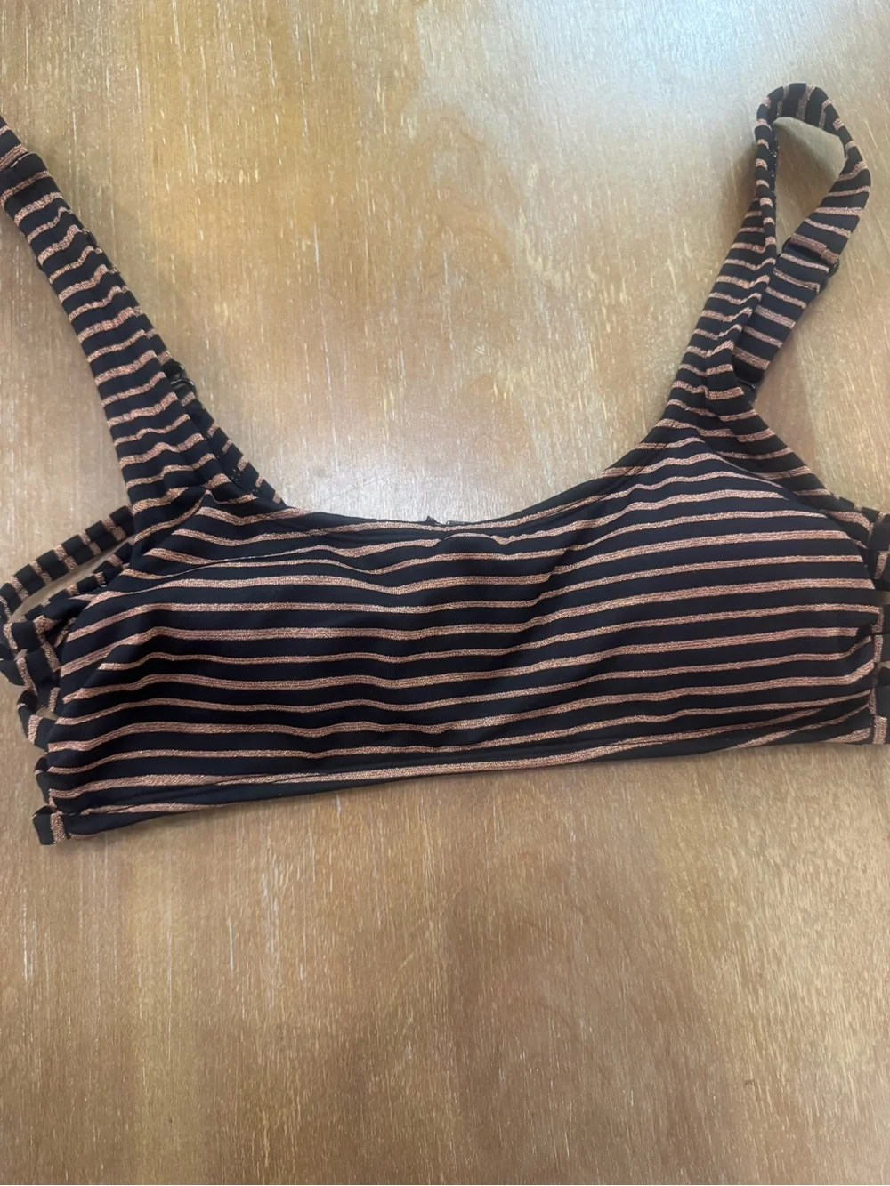 Striped Black and Brown Bikini Top - Sleek Women's Swimwear